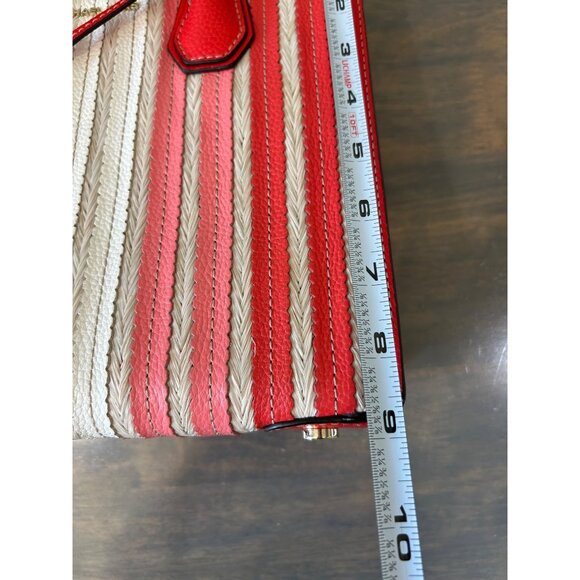 Michael Kors Mercer Red Coral Tan Leather Straw Purse Hand Bag Accordion - Picture 11 of 14